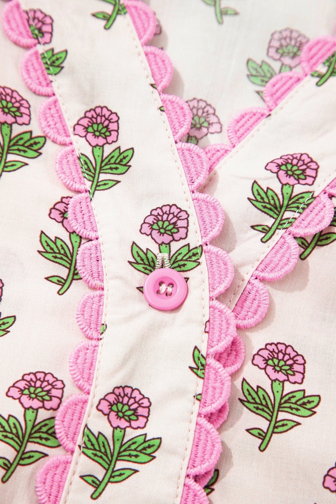 Pink Floral Print V Neck Scallop Trim Button Front Short Sleeve Long Dress - Loving It Shop