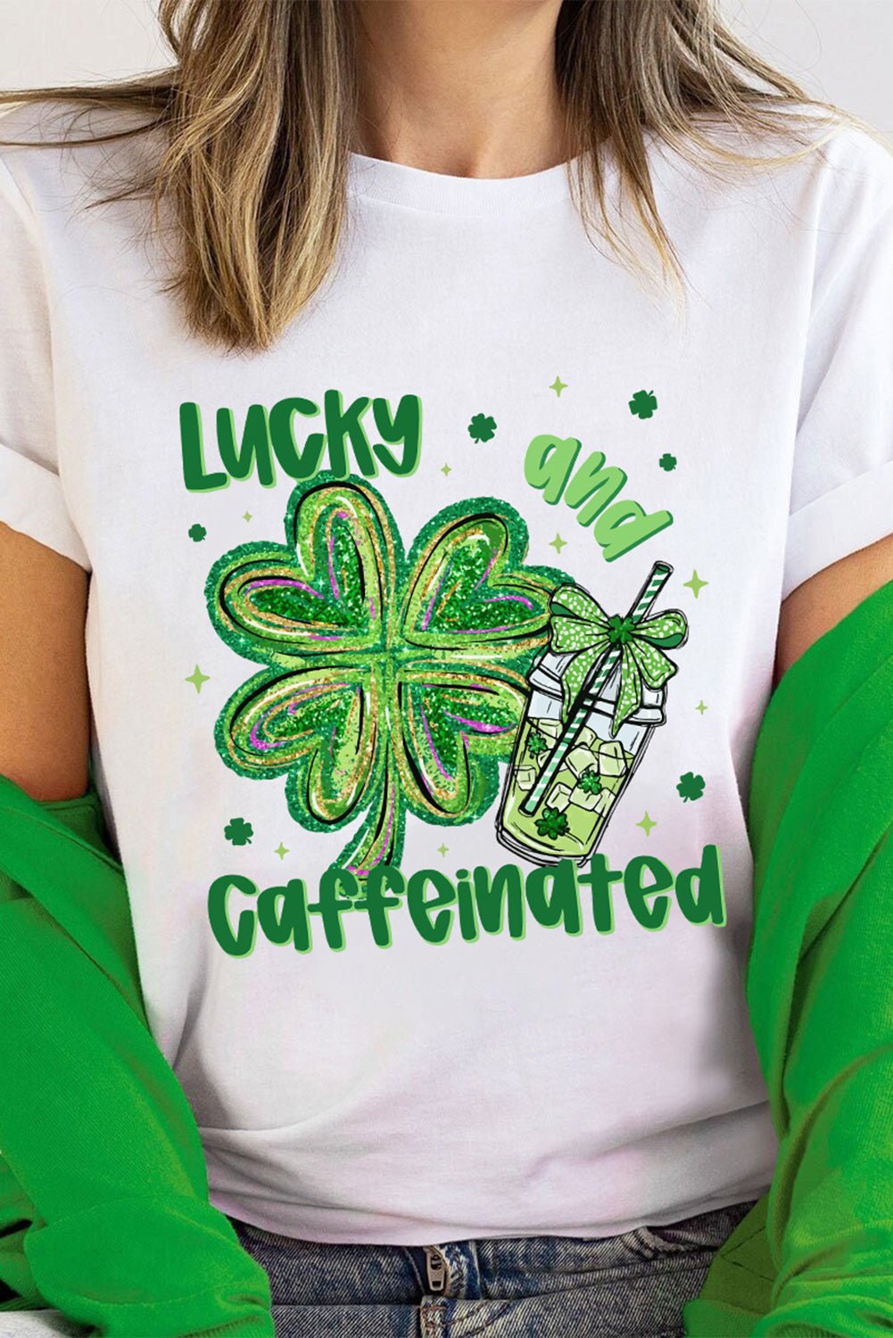 White Lucky and Caffeinated Clover Graphic St Patrick Tee - Loving It Shop