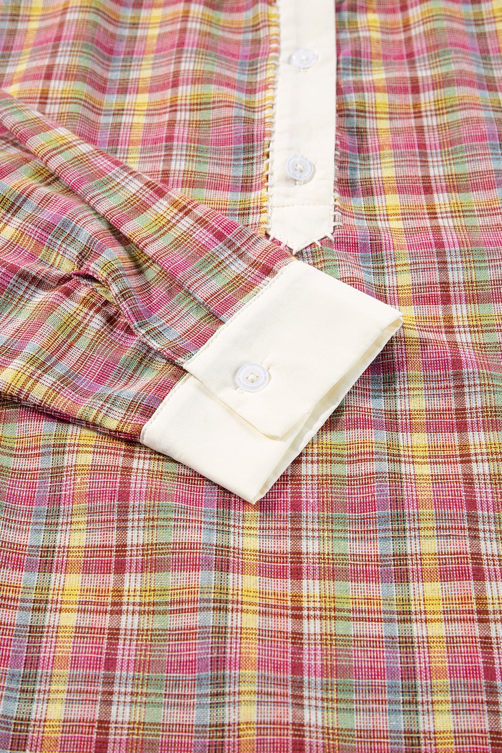 Pink Colorblock Plaid Patchwork Henley Blouse - Loving It Shop