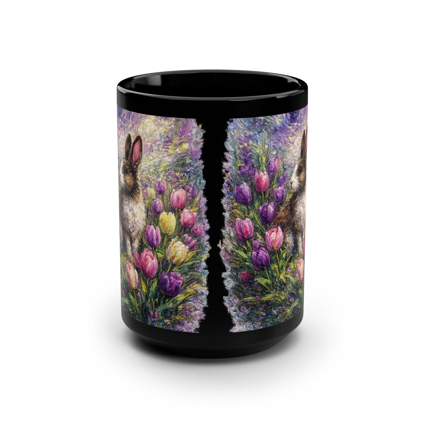 Floral Bunny Illustration Mug | Black Ceramic 15oz