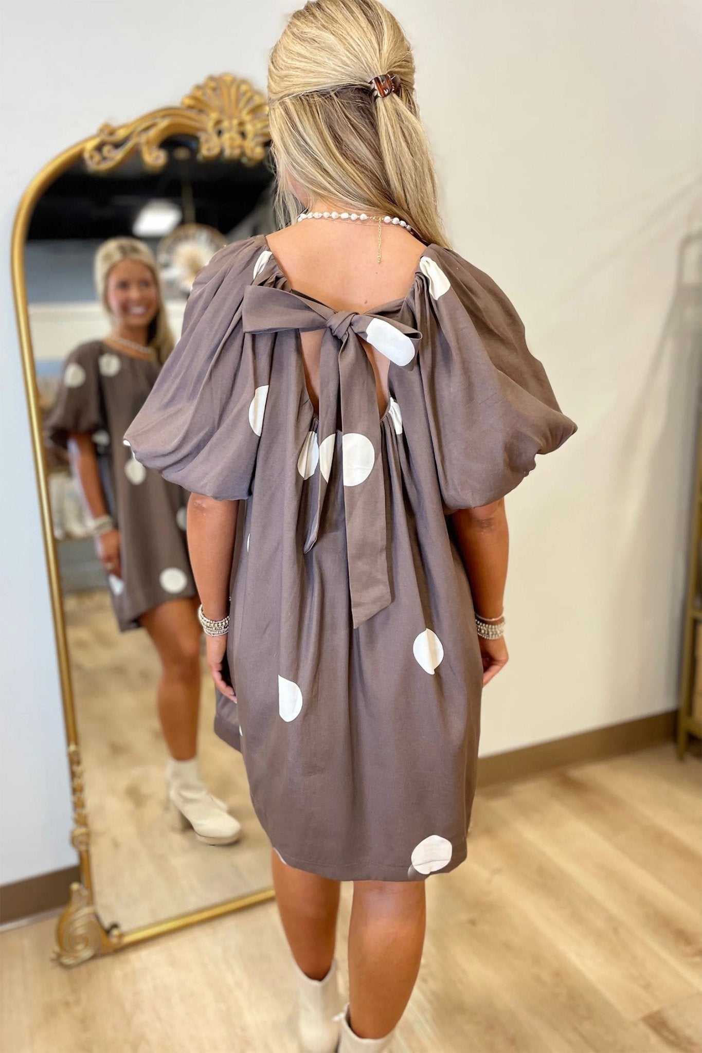 Brown Polka Dot Print Knot Back Short Puff Sleeve Loose Mini Dress - Loving It Shop