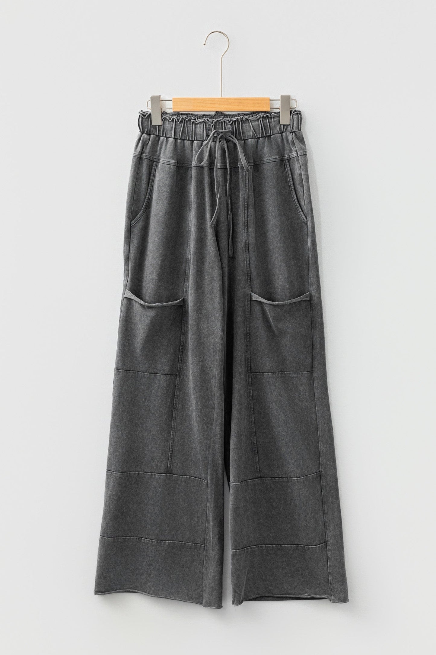 Medium Grey Mineral Wash Lace-up High Waist Raw Hem Patched Pocket Pants