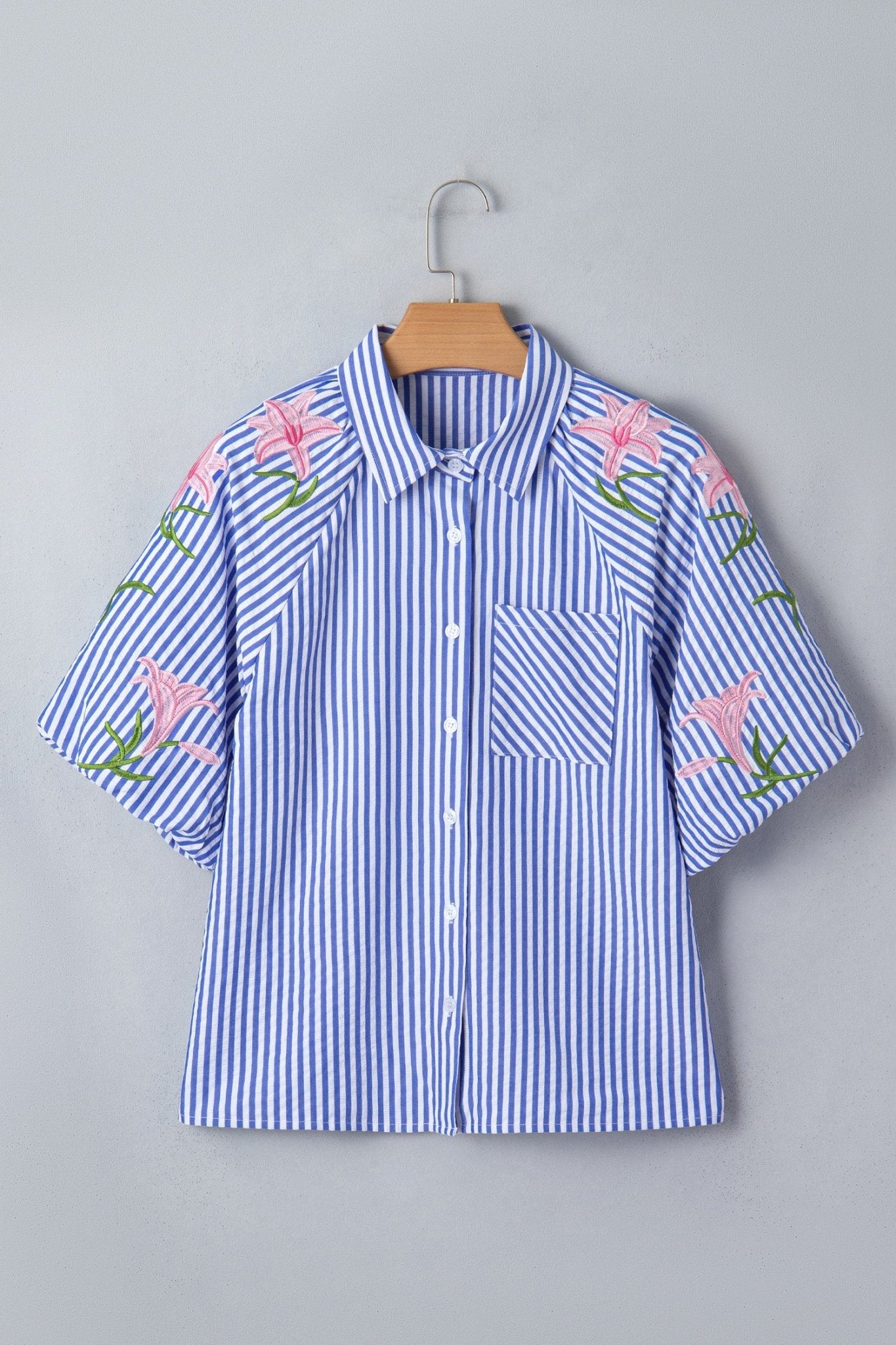 Sky Blue Stripe Lily Floral Embroidered Puff Sleeve Button Down Shirt - Loving It Shop