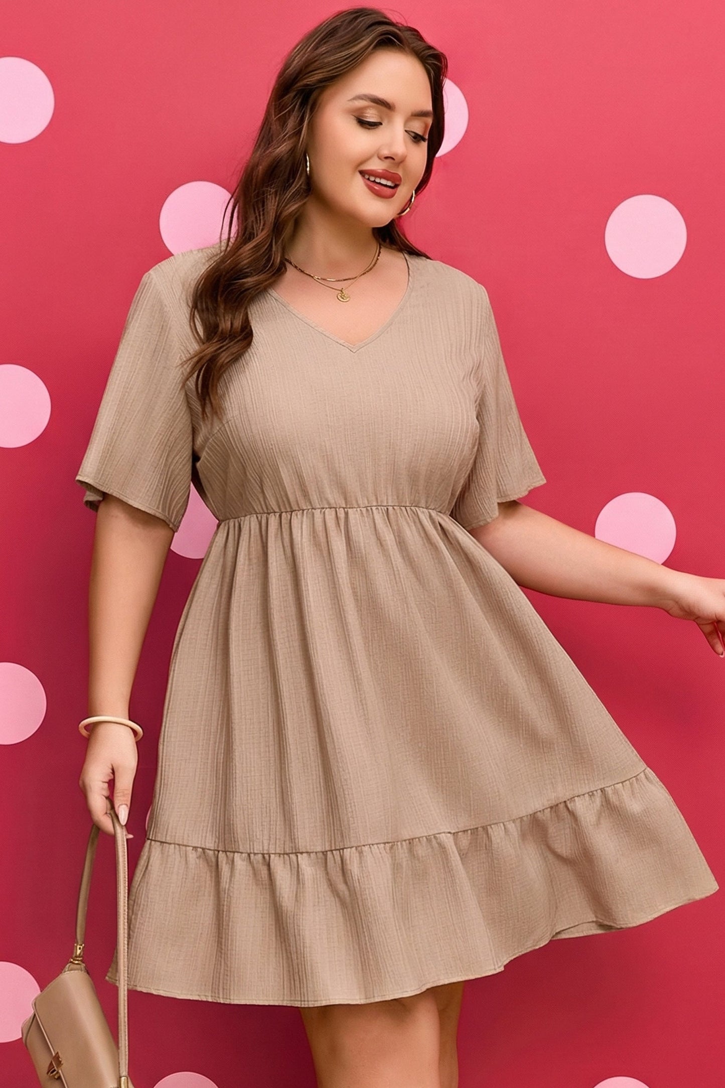 Dark Khaki Plus Size Textured Ruffled Short Sleeve Dress