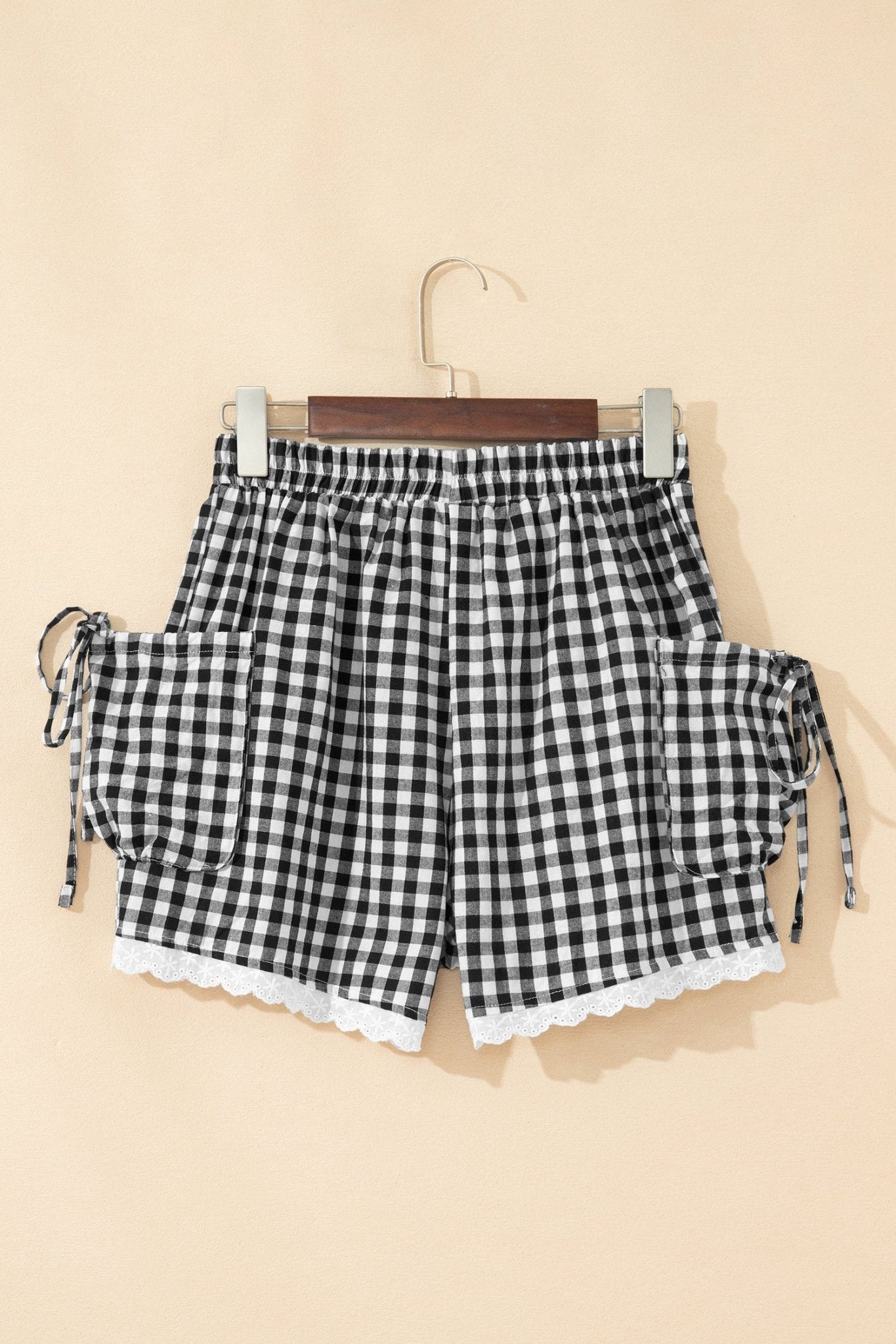 Black Gingham Lace Trim Shorts with Pouch Pockets - Loving It Shop