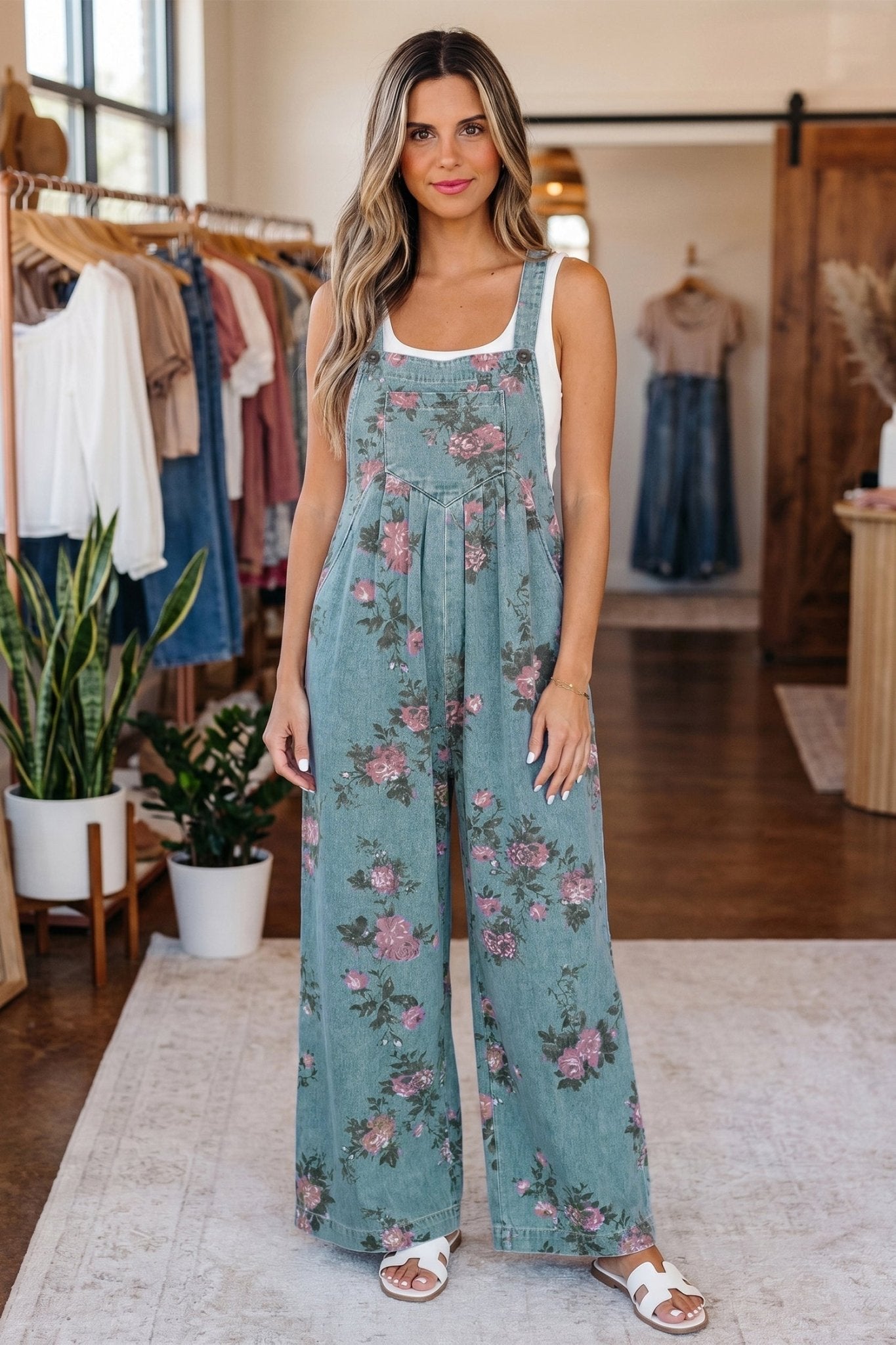 Beau Blue Floral Print Pleated High Waist Wide Leg Denim Jumpsuit - Loving It Shop