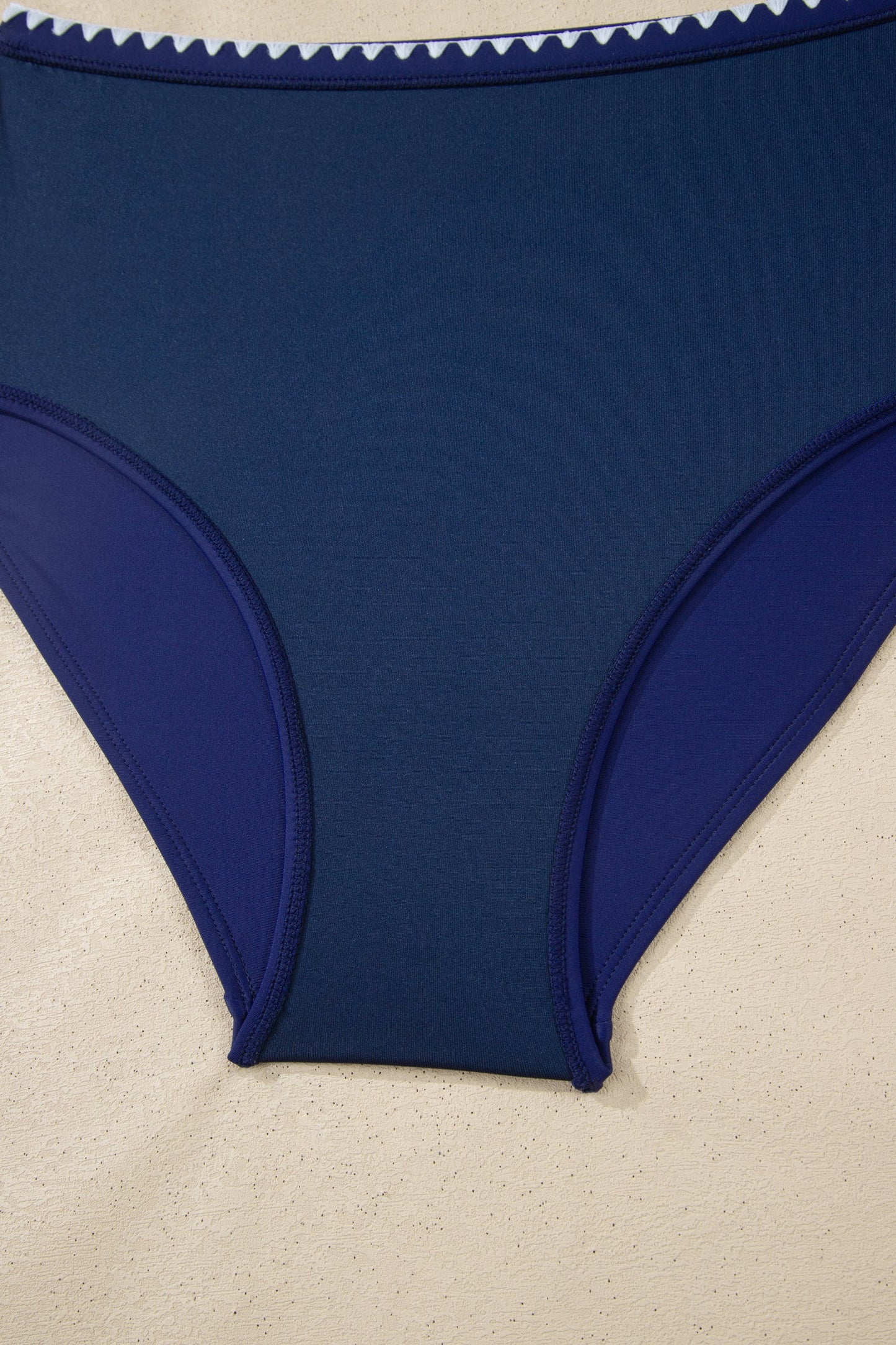 Navy Blue Shell Stitched Trim V Neck Textured Mix and Match High Waist Bikinis