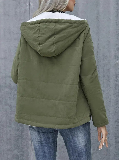 Fleece-lined Hooded Coat Winter Preppy Style Long Sleeve Jacket Warm Pockets Cotton Coat Women&