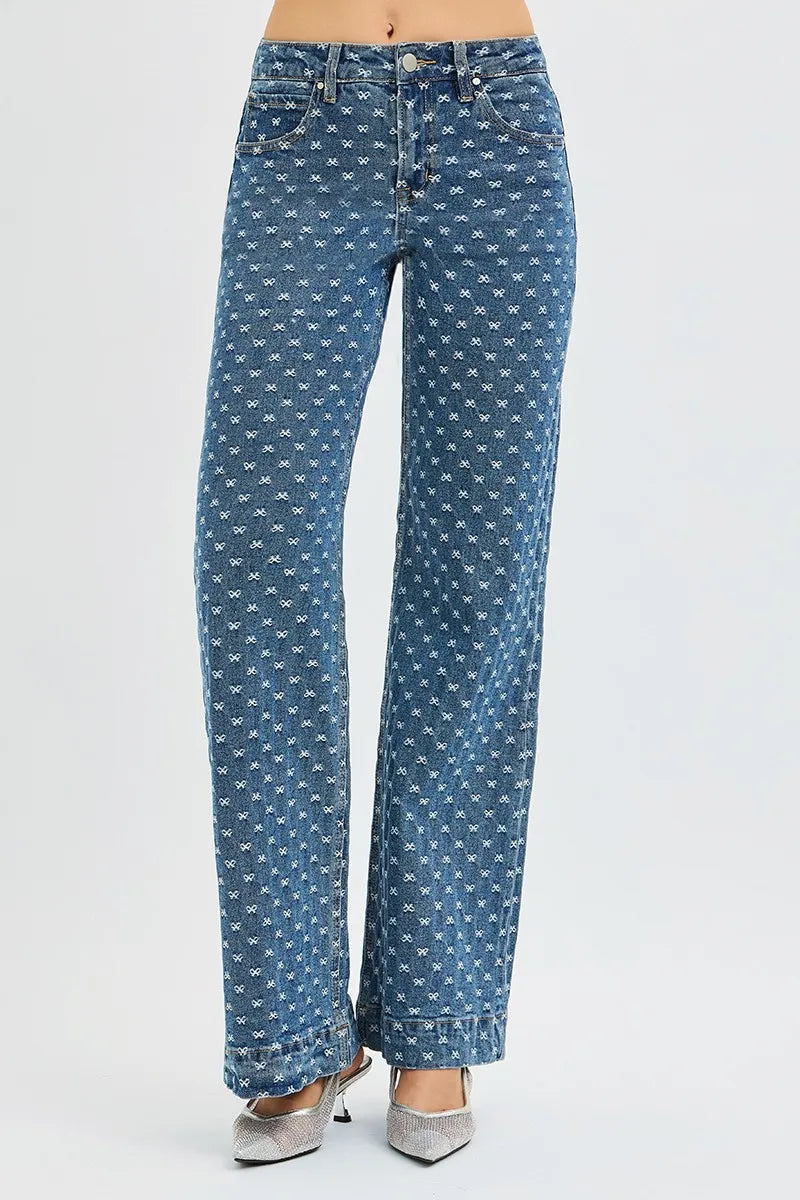 High Rise Wide Leg Bow Embroidered Jeans