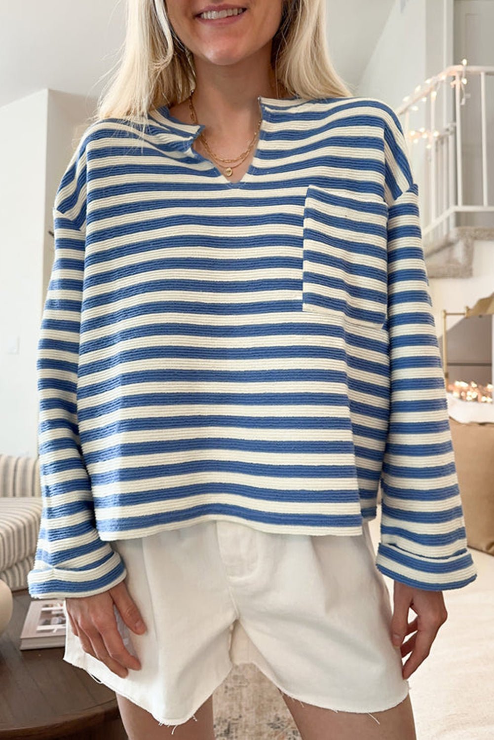 Sky Blue Stripe Chest Pocket Buttoned Back Notched V Neck Top - Loving It Shop