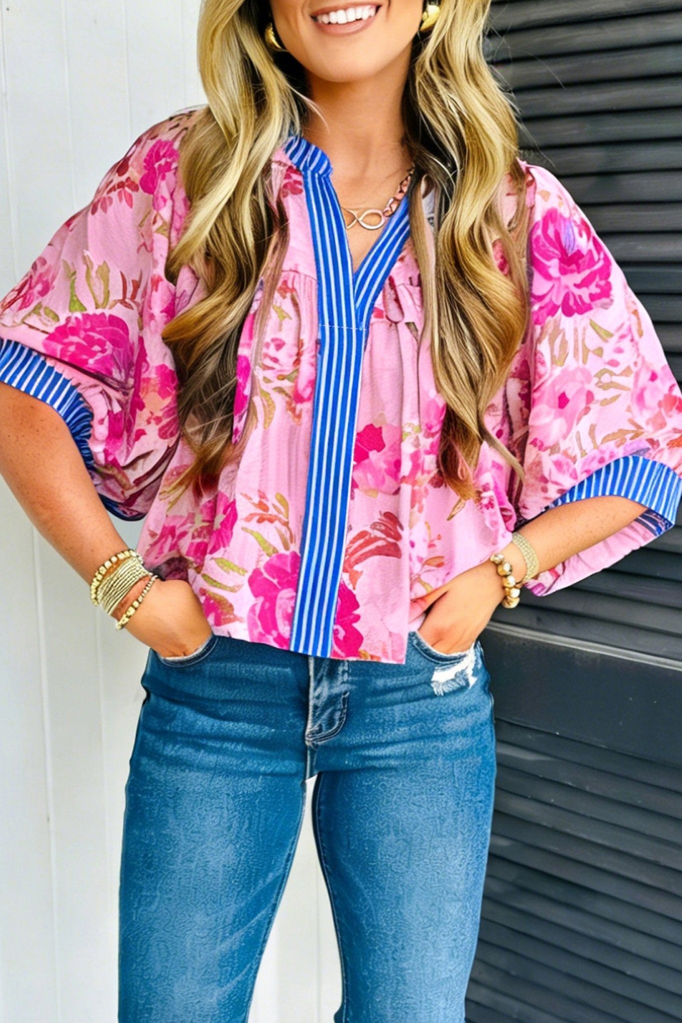 Multicolour Floral Half Sleeve Striped Trim V Neck Blouse - Loving It Shop