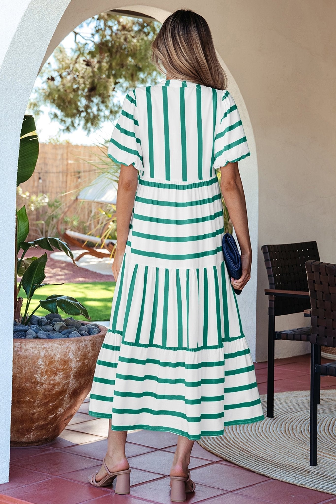 Green Stripe Ricrac Trim Notched Neck Half Sleeve Vacation Dress - Loving It Shop