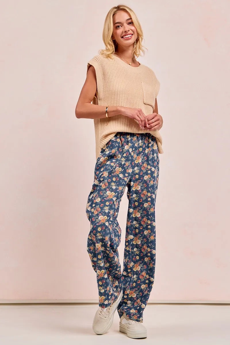 Washed Floral Print Wide Leg Jeans