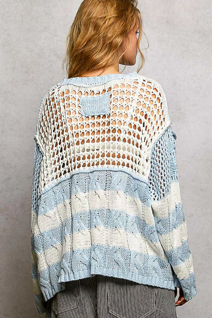 Color-Blocked Stripe Pattern Knit Top with Twisted Weave