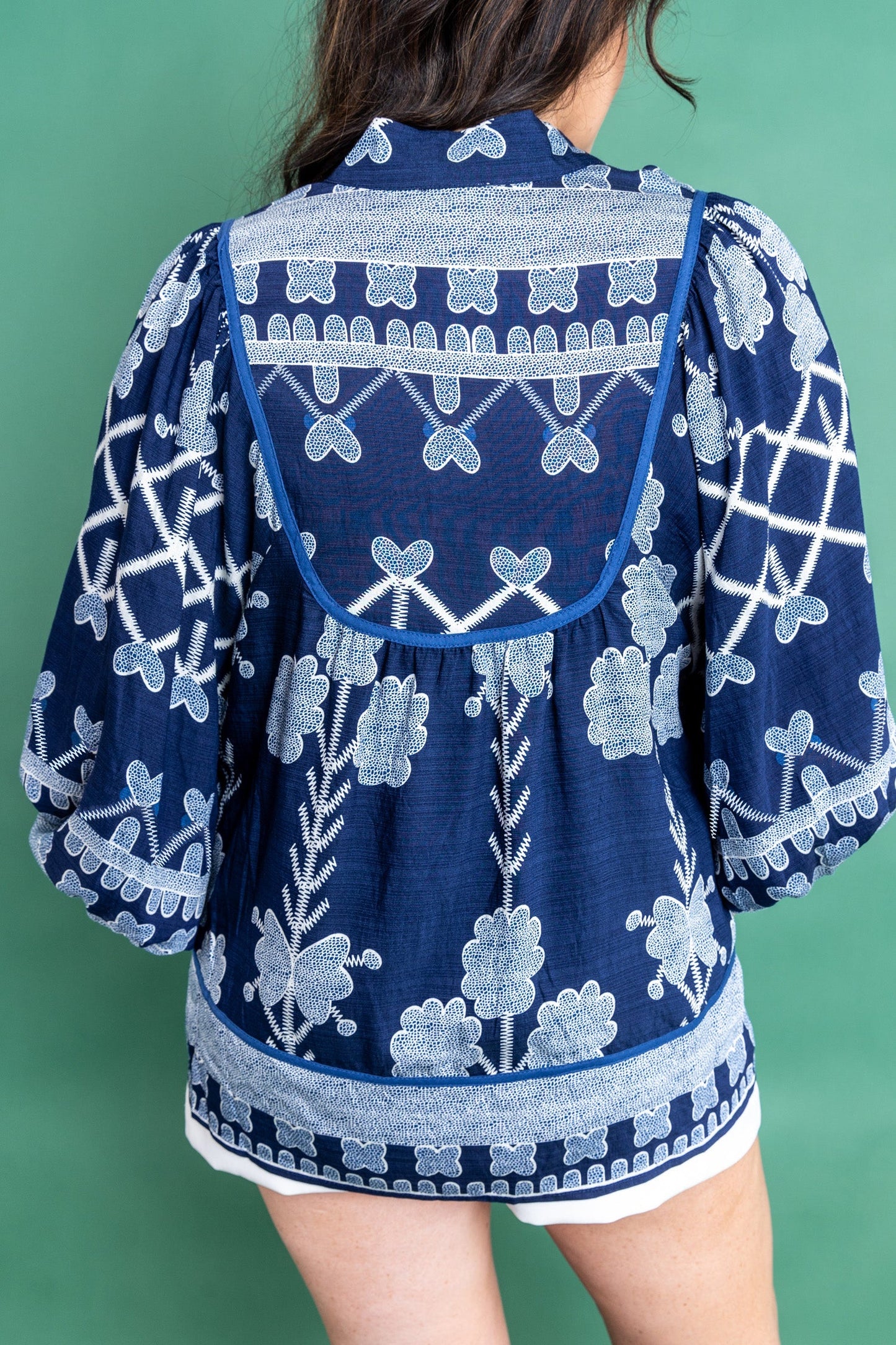 Blue Plus Size Floral Printed Notched Neck Long Sleeve Blouse