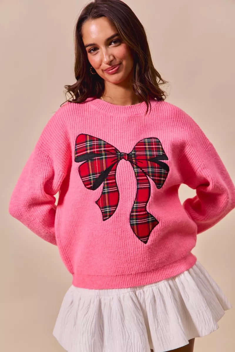 Checker Plaid Ribbon Christmas Holiday Sweater