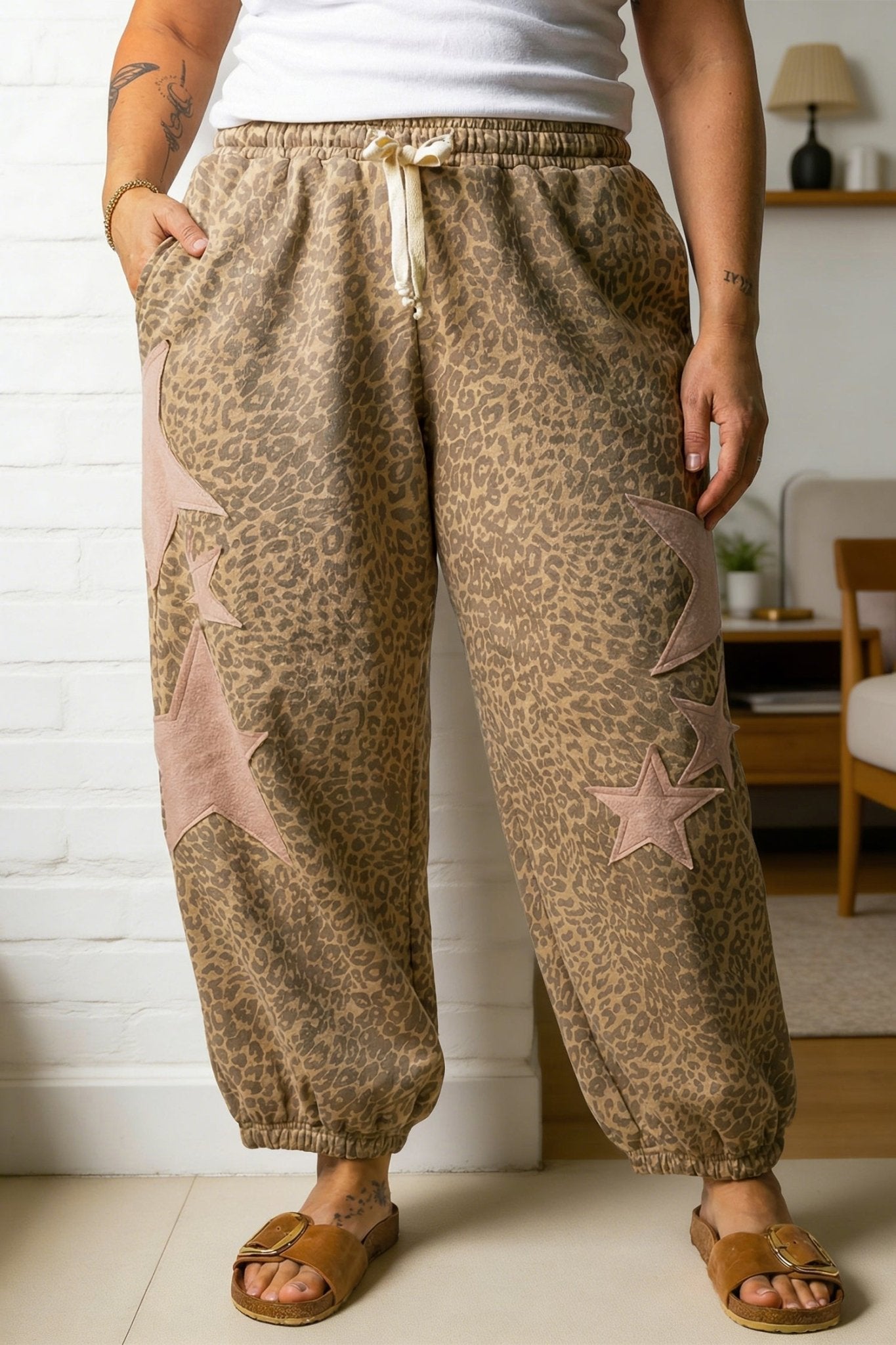 Khaki Plus Size Leopard Print Western Star Patched Jogger Pants - Loving It Shop