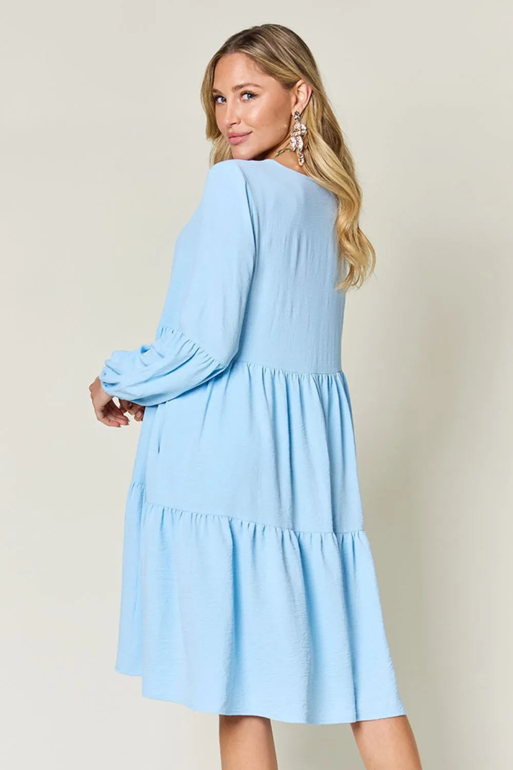 Full Size V-Neck Balloon Sleeve Tiered Dress with Pockets