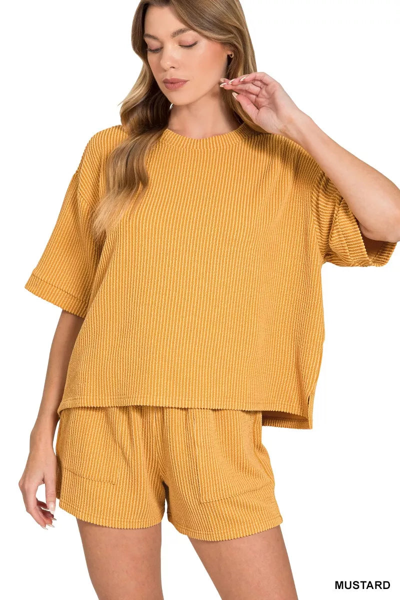 Raised Rib Short Sleeve Tee and Drawstring Shorts Set