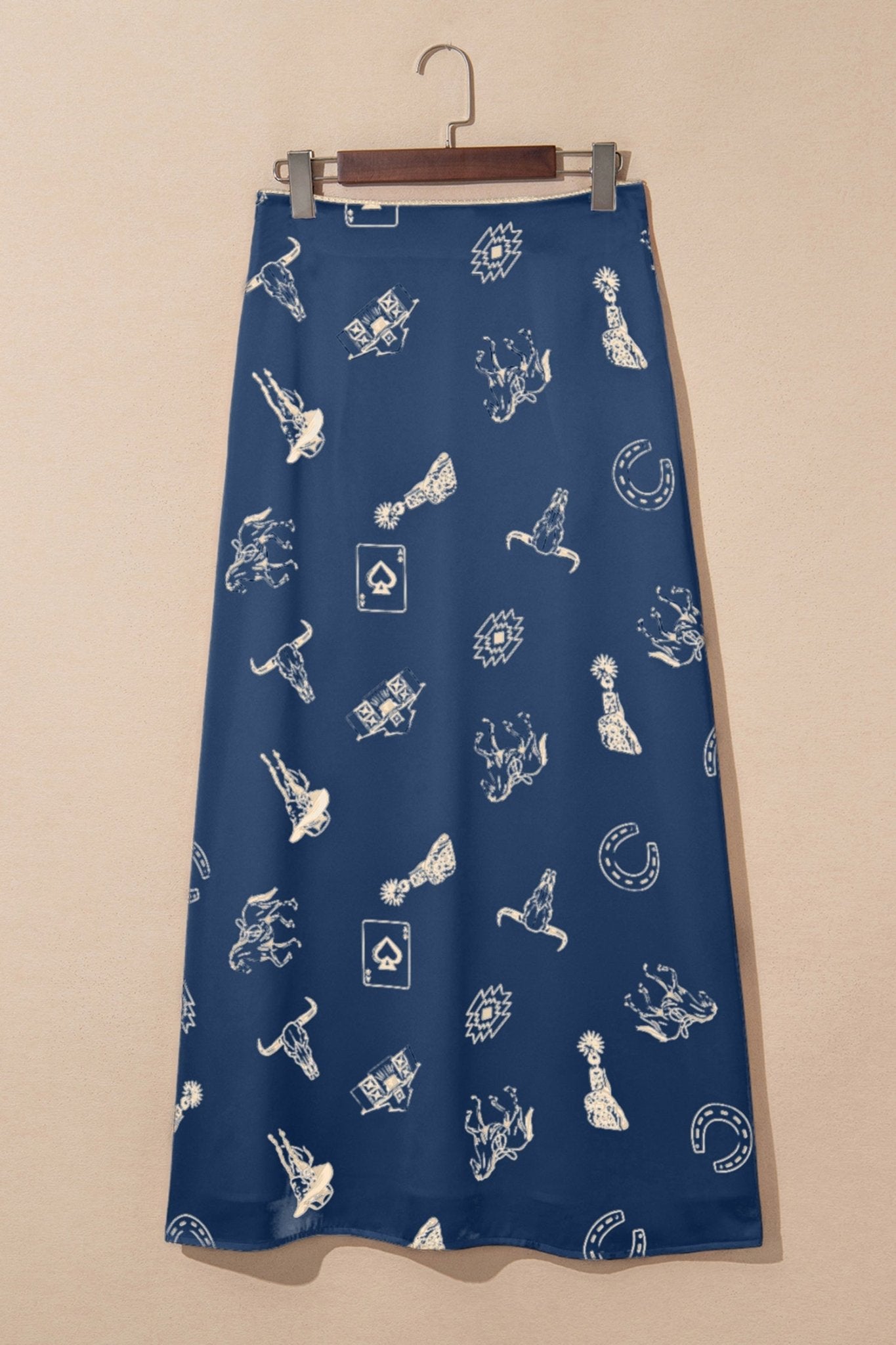 Navy Blue Western Print Satin Long Skirt - Loving It Shop