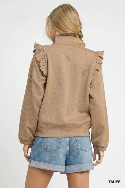 Cable Knit Textured Pullover with Ruffle Shoulders