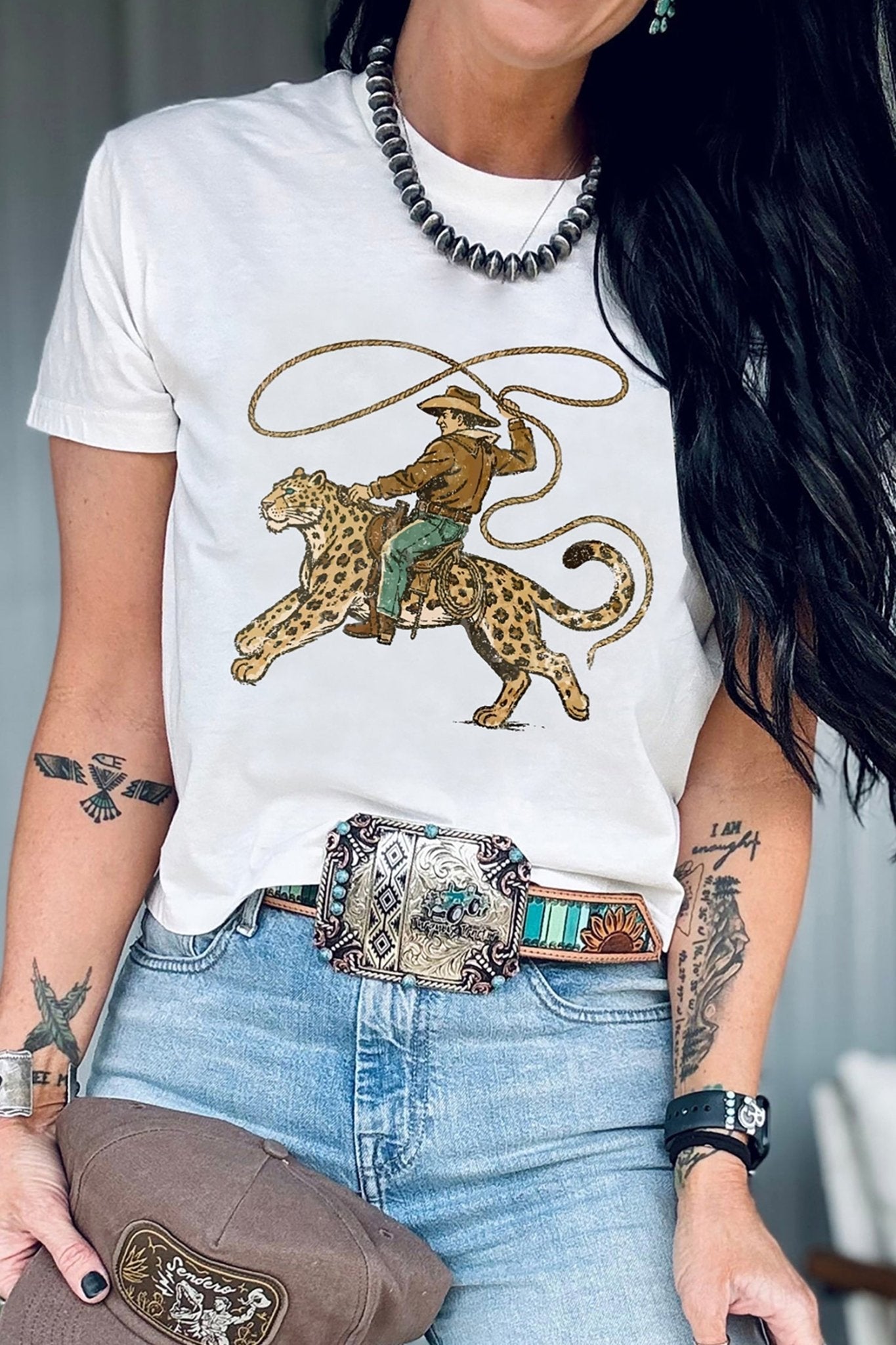 White Leopard Rodeo Cowboy Graphic Casual Tee - Loving It Shop