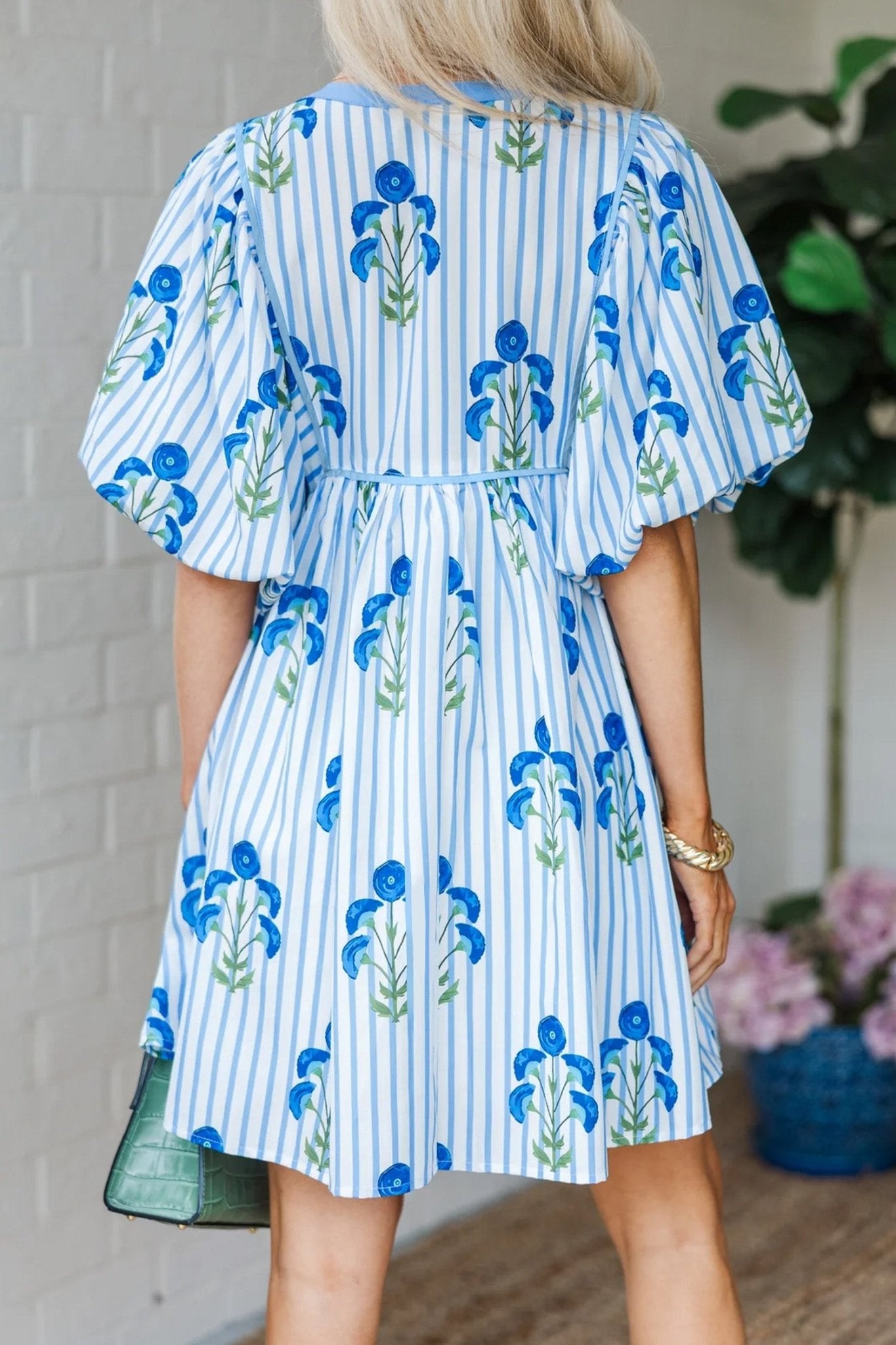 Sky Blue Floral Striped Print Tie Notched Neck Puff Sleeve Flared Mini Dress - Loving It Shop