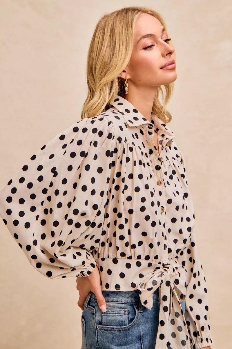 Polka Dot Print Tie Hem Detail Crop Shirt