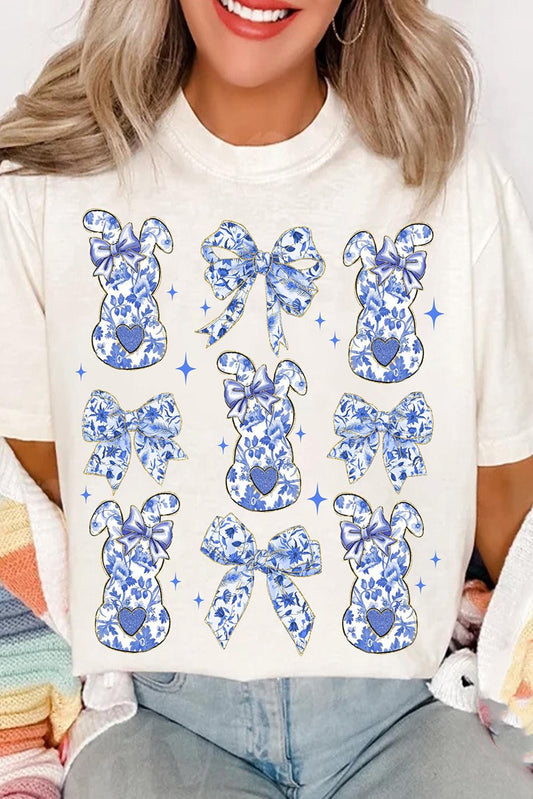 White Bowknot Bunny Graphic Easter Fashion T Shirt - Loving It Shop