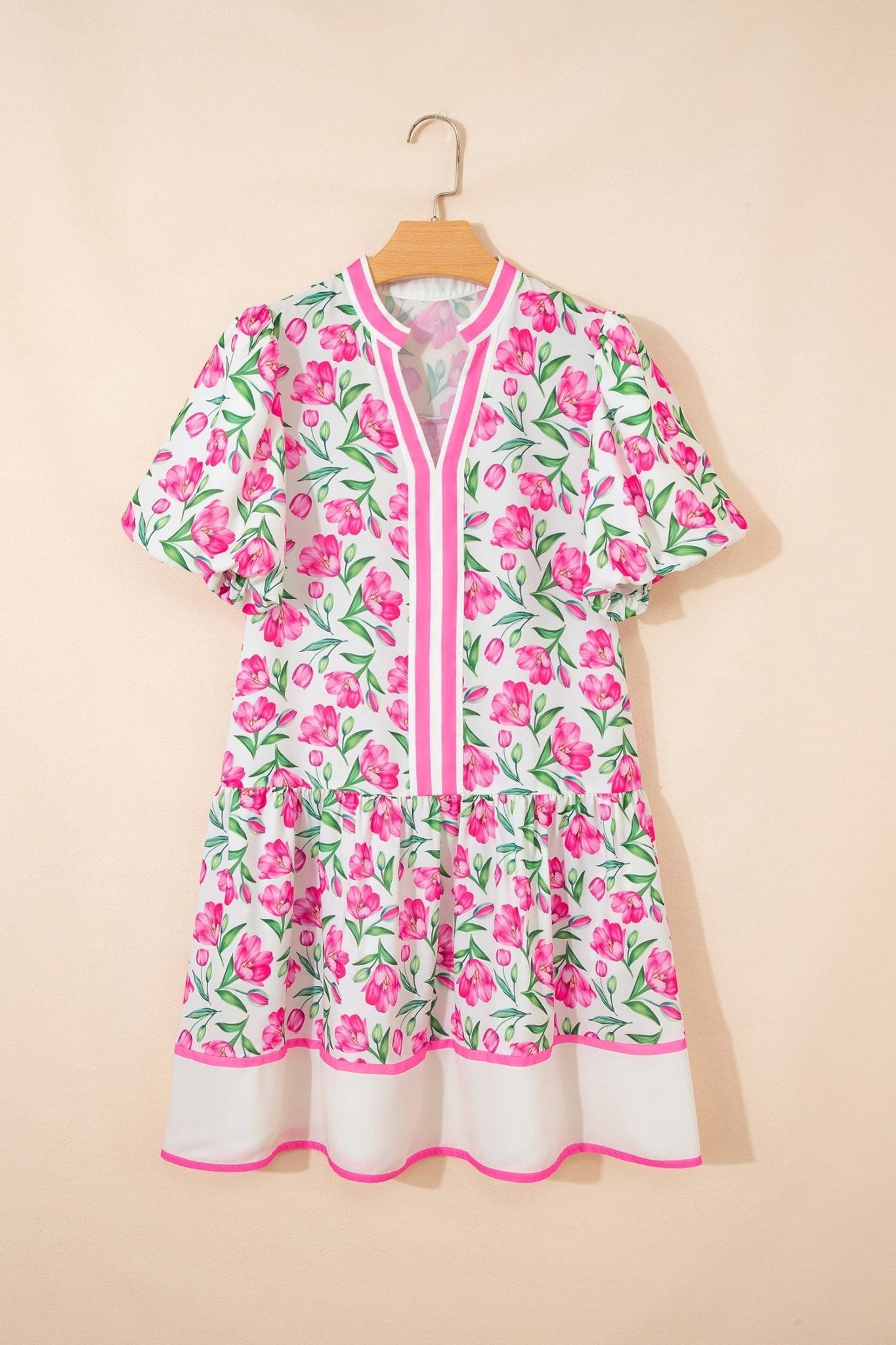 Multicolour Sweet Floral Print Striped Color Block Trim Short Dress - Loving It Shop