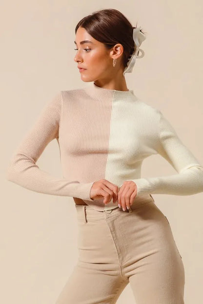 Color Block Fitted Crop Sweater Top