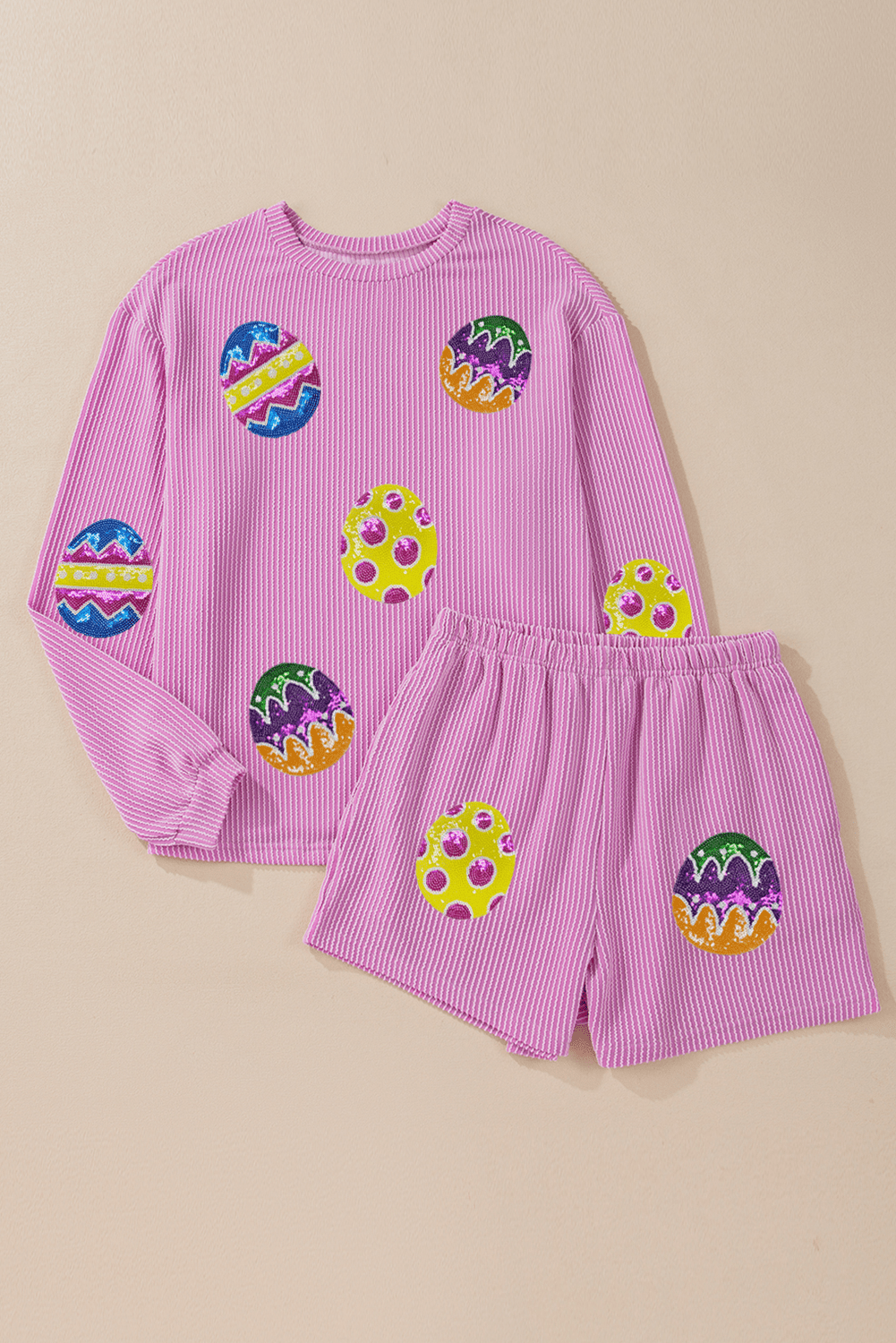 Phalaenopsis Easter Egg Patched Graphic Corded Long Sleeve Top Shorts Set - Loving It Shop