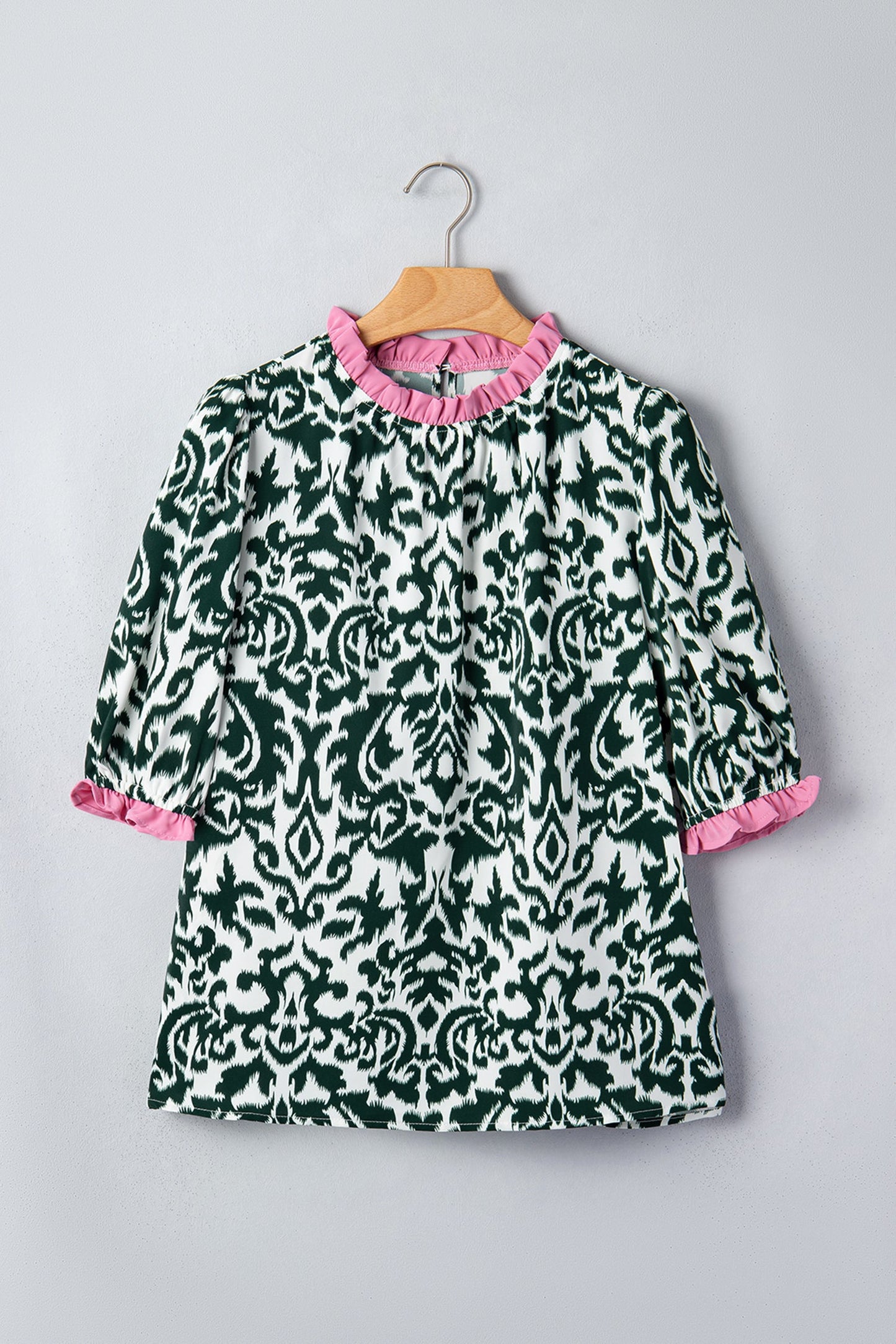 Green Damask Print Ruffled Color Block Detail Half Sleeve Blouse