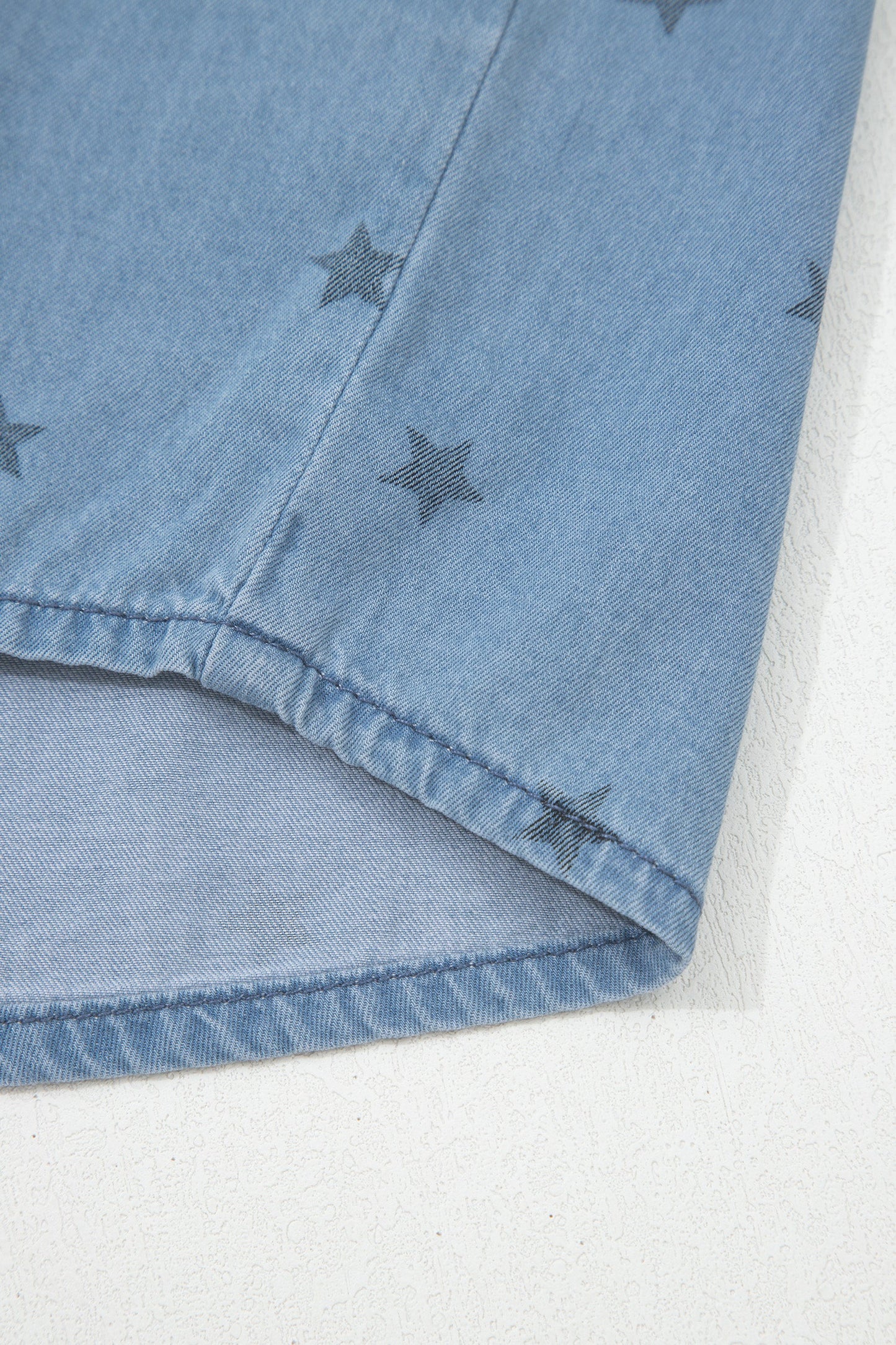 Beau Blue Star Allover Print Double Chest Pocket Short Sleeve Denim Shirt