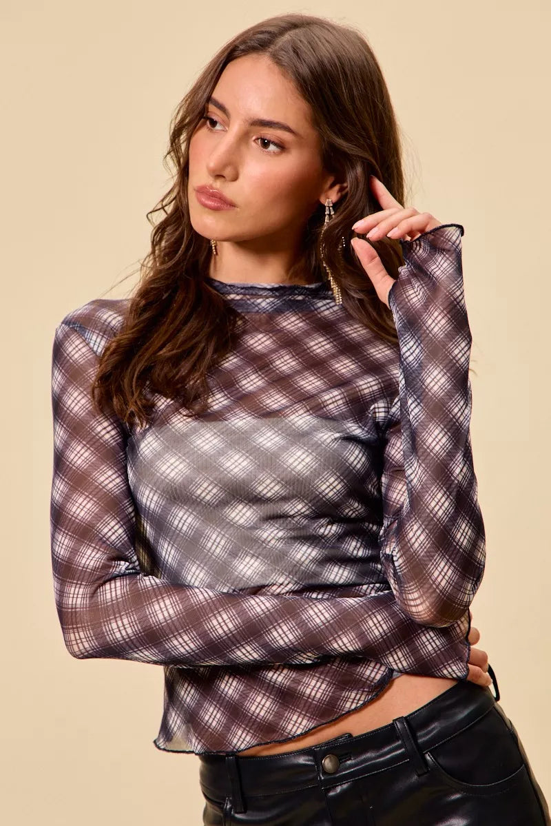 I am a Fashion Junky Plaid Mesh Knit Long Sleeve Top with Thumb Opening