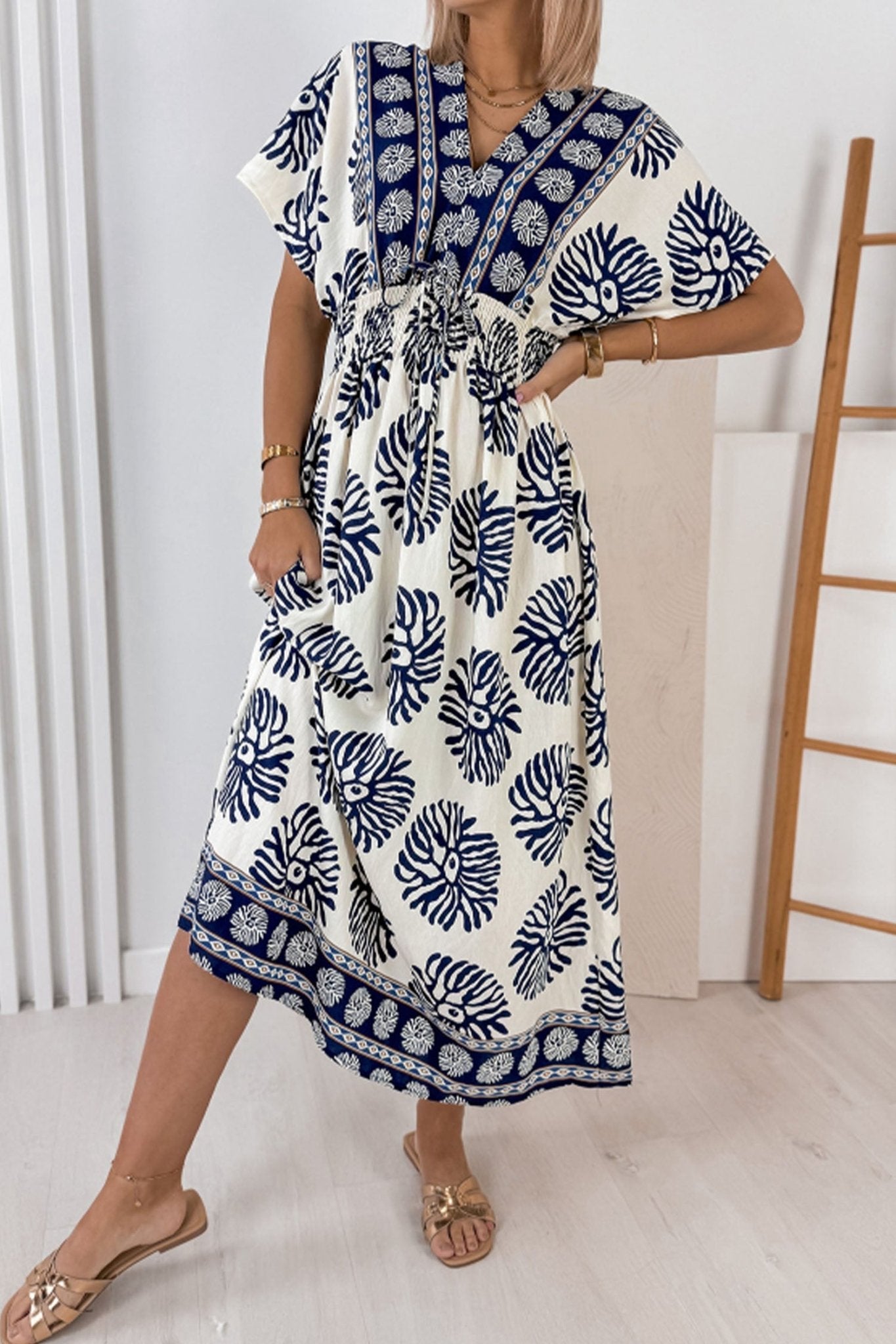 Blue Boho Floral Print Contrast Patchwork V Neck Dolman Maxi Dress - Loving It Shop
