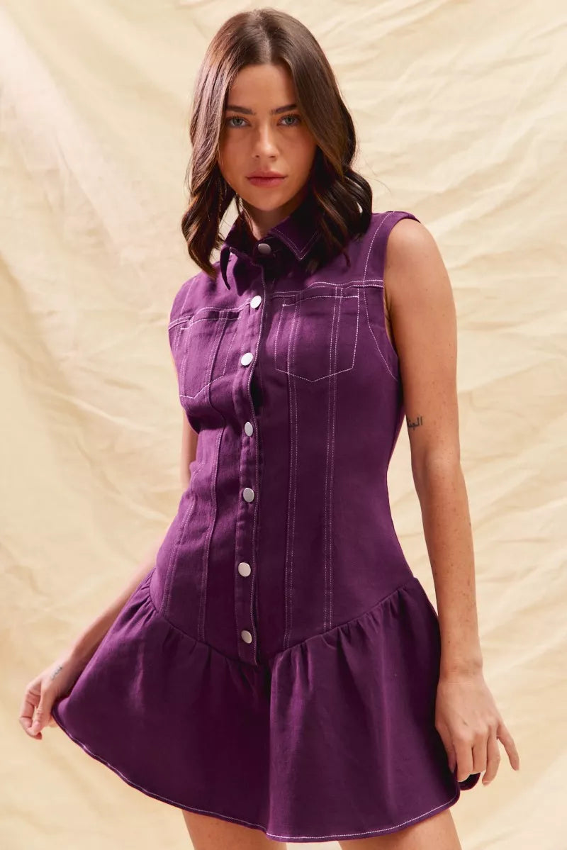 Button Down Sleeveless Collared Game Day Mini Dress