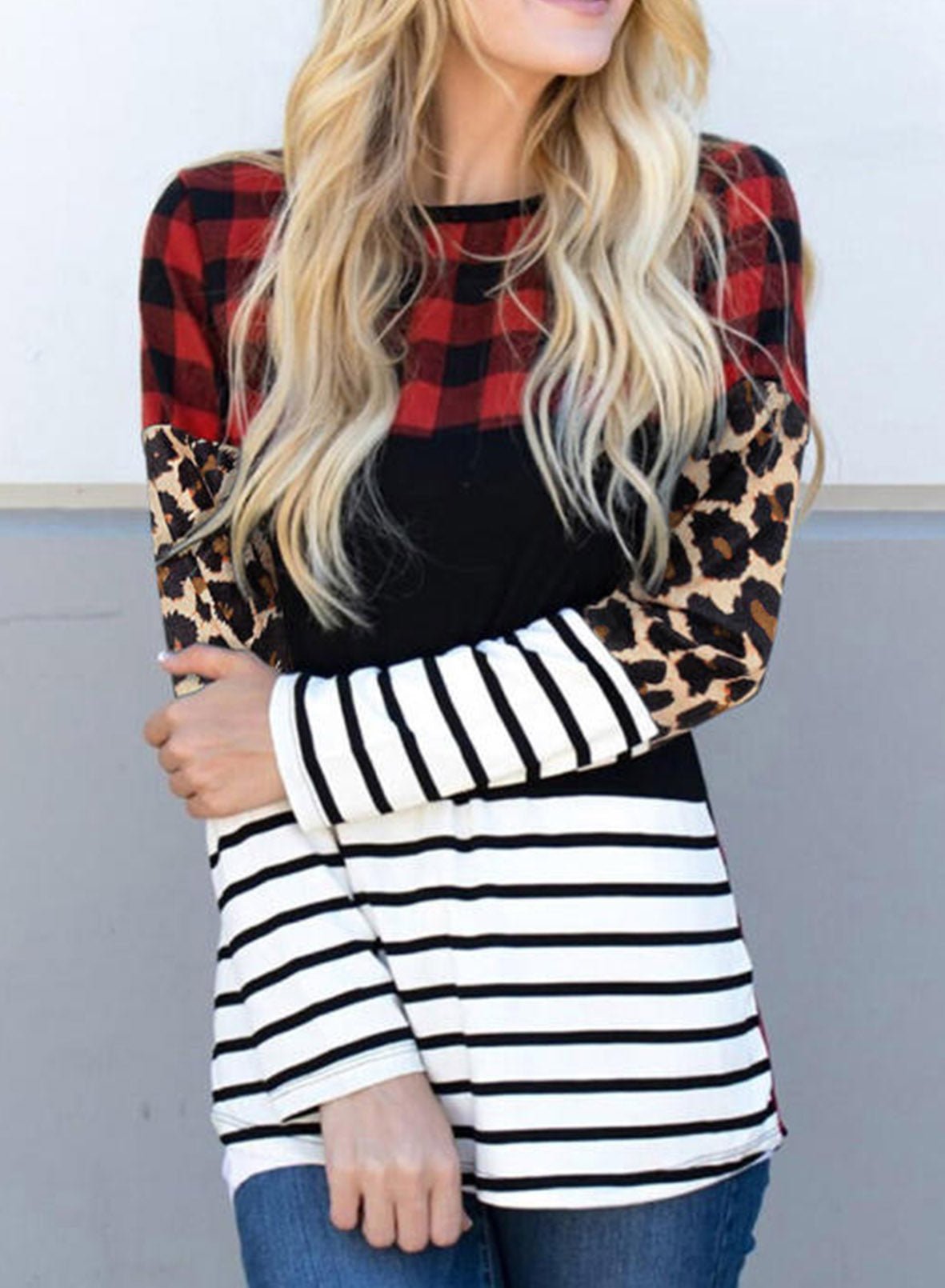 Plaid Print Leopard Splicing Striped Color Block Long Sleeve Top - Loving It Shop