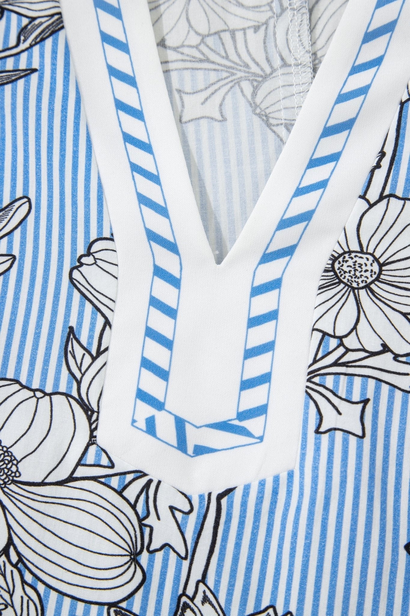 Sky Blue Floral Striped Printed Polo Collar Short Sleeve Blouse - Loving It Shop
