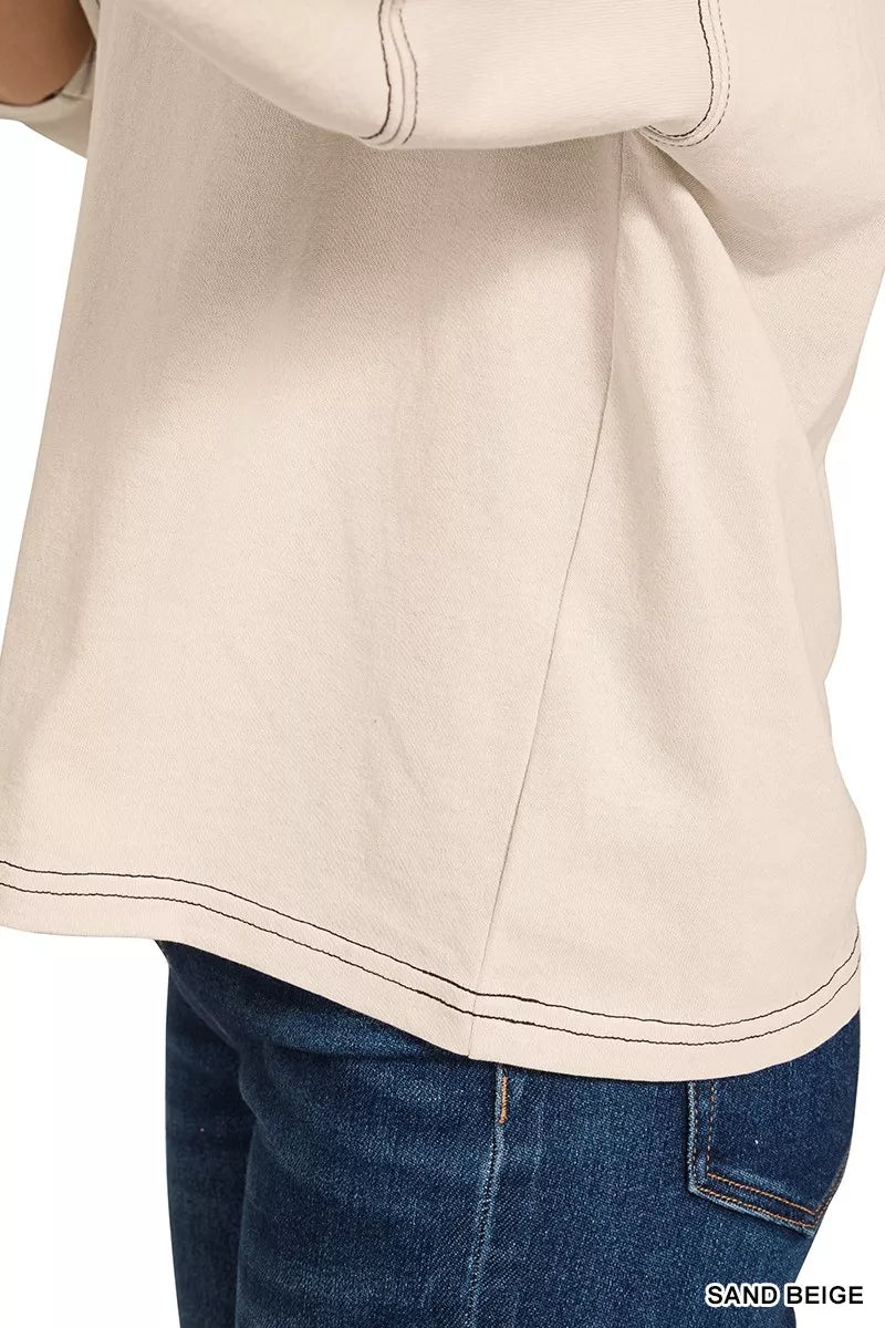 Balloon Sleeve Top with Contrast Stitching