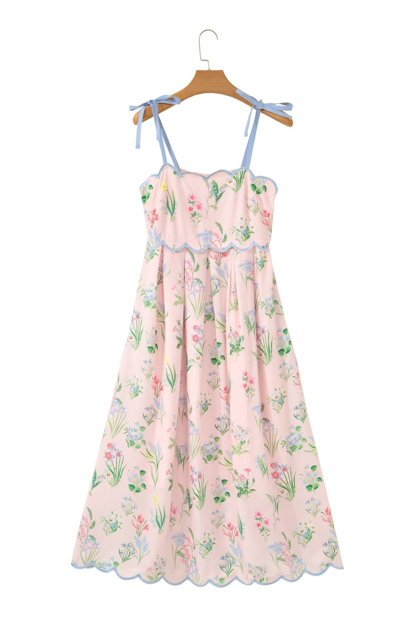 Pink Floral Print Contrast Trim Self - tie Straps High Waist Midi Dress - Loving It Shop