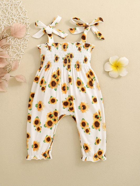 Children's Sunflower Print Smocked Ruffle Trim Jumpsuit