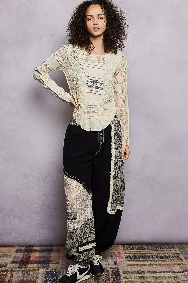 Round Neck Long Sleeve Exposed Seam Top with Lace Detail