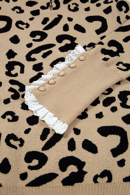 Brown Leopard Pattern Lace Ribbed Detail Button Cuffed Sweater