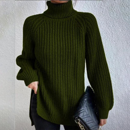 Turtleneck Pullover Sweater With Split Design Fashion Simple Solid Color Long Sleeve Tops Women&