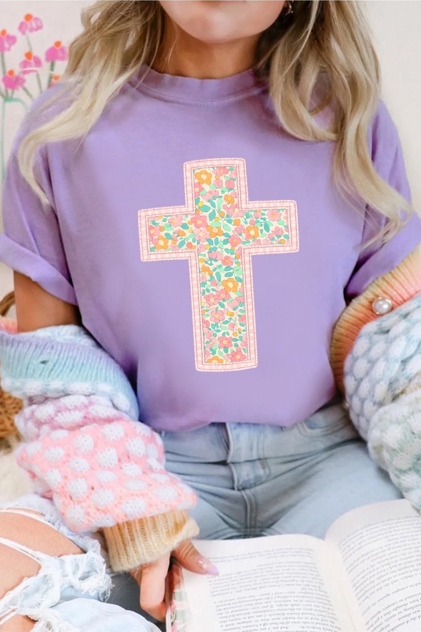 Wisteria Easter Floral Cross Christian Casual Tee - Loving It Shop