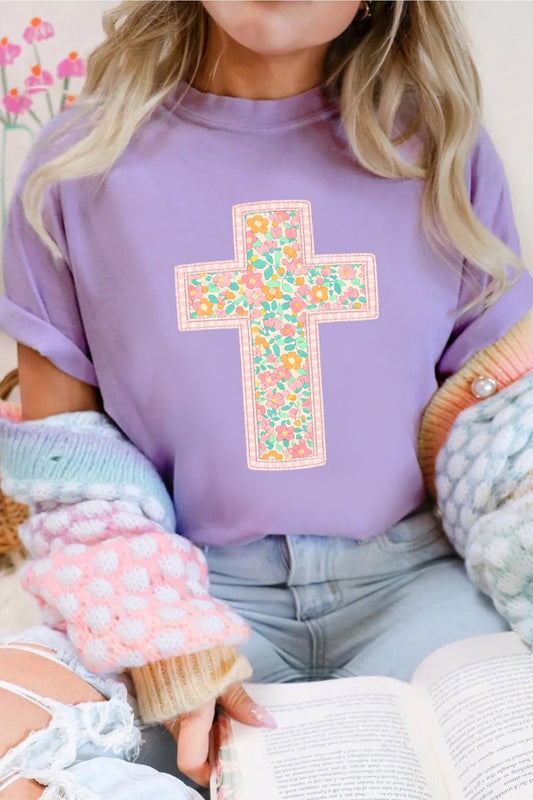 Wisteria Easter Floral Cross Christian Casual Tee - Loving It Shop