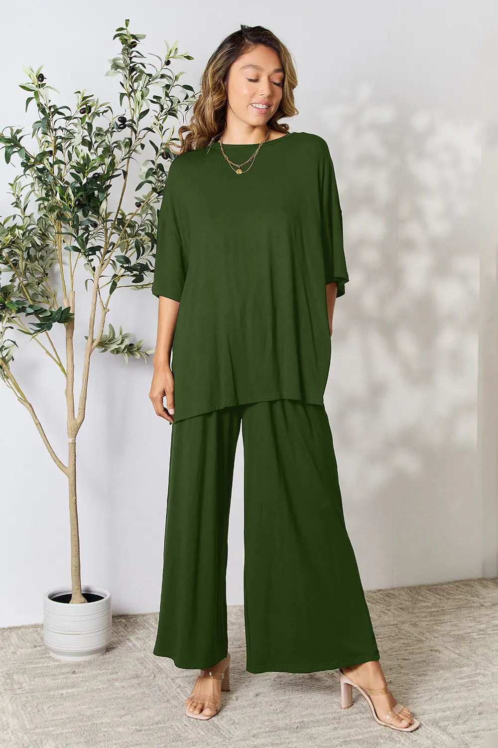 I am a Fashion Junky Full Size Round Neck Slit Top and Pants Set