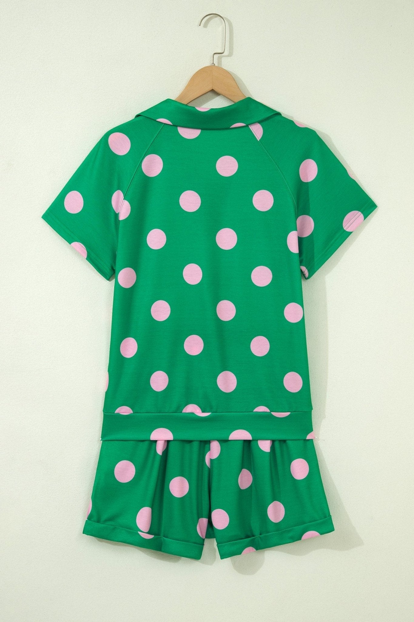 Green Polka Dot Print V Neck Tee Short Set - Loving It Shop