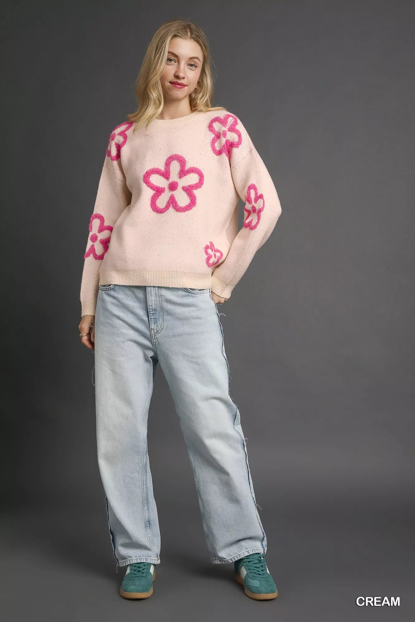Round Neck Sweater with Pink Floral Accents